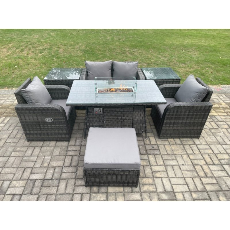 Fimous Rattan Garden Furniture Set Outdoor Patio Gas Fire Pit Dining Table and Chairs with 2 Side Tables Love seat Sofa Footstool