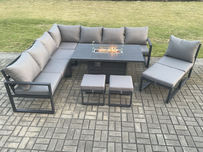 Fimous Aluminium Lounge Corner Sofa Outdoor Garden Furniture Sets Gas Fire Pit Dining Table Set with 3 Footstools Dark Grey