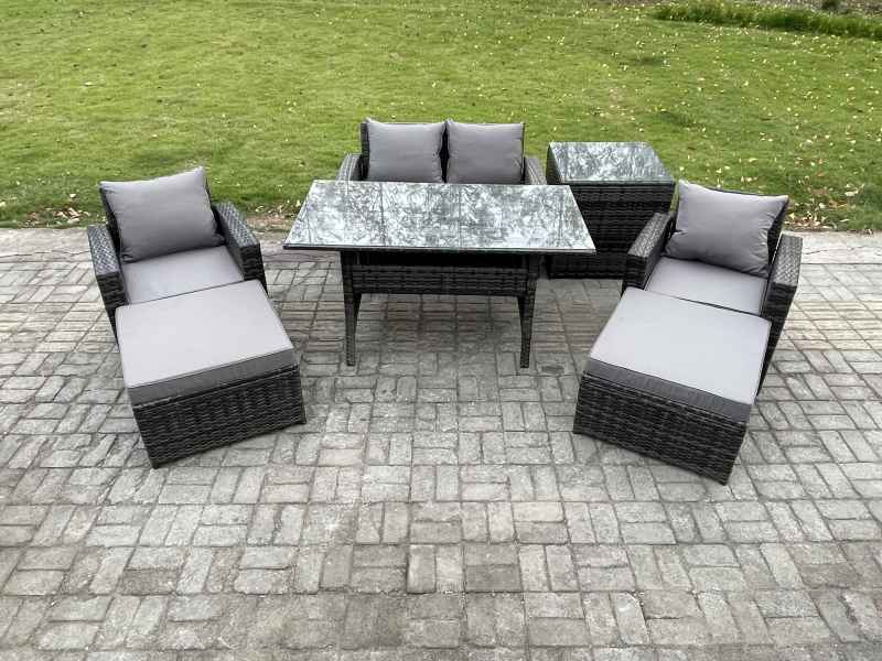 Fimous Outdoor Lounge Sofa Garden Furniture Set Rattan Rectangular Dining Table with Double Seat Sofa Armchair 2 Big Footstool Side Table 6 Seater Dark Grey Mixed