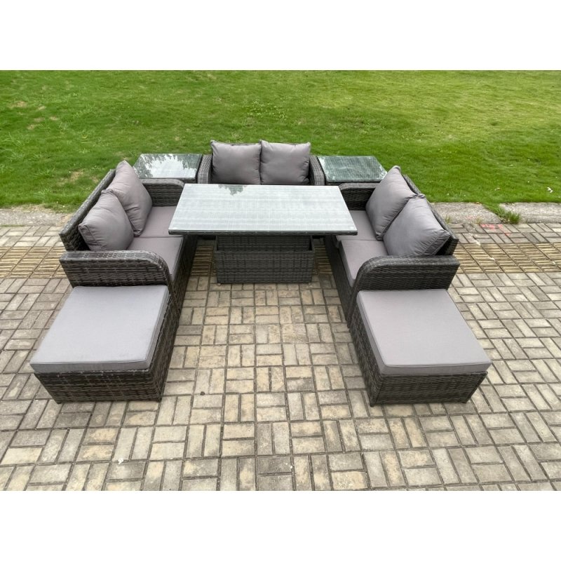 Fimous Rattan Garden Outdoor Furniture 3 PC Love Sofa Set Patio Adjustable Rising lifting Dining Table With 2 Side Tables 2 Big Footstool