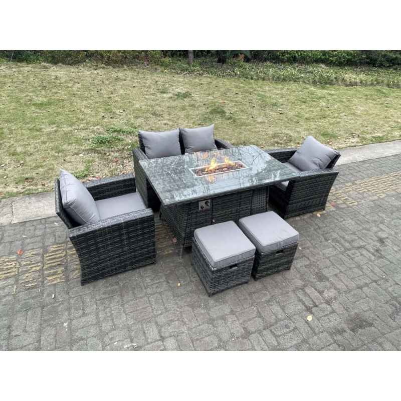 Fimous Rattan Outdoor Furniture Gas Fire Pit Rectangle Dining Table Gas Heater Chairs Two Seater Love Sofa Sets Footstools 6 Seater