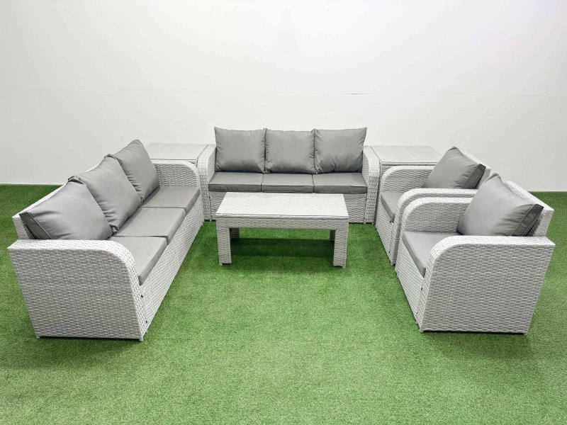 Fimous PE Rattan High Back Lounge Sofa Set Patio Oblong Coffee Table & Chairs Set with 3 Seater Sofa Reclining Chair 2 Side Table Light Grey