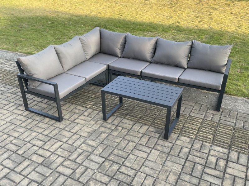 Fimous Aluminium Garden Furniture Set Outdoor Indoor Lounge Corner Sofa Oblong Coffee Table Sets Dark Grey 6 Seater