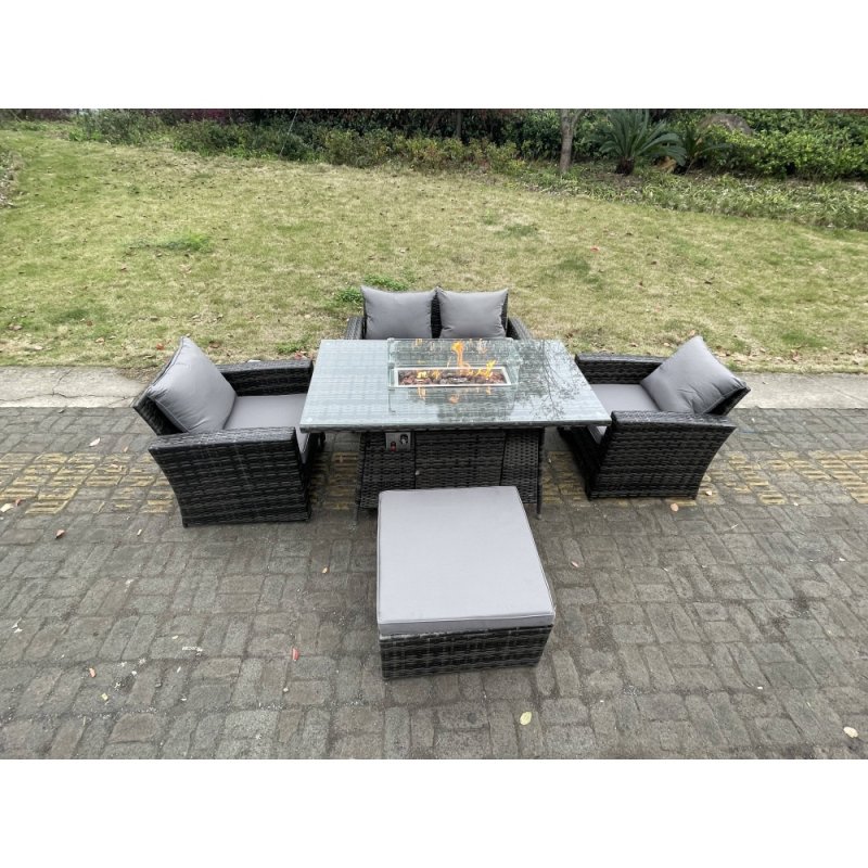 Fimous Rattan Outdoor Furniture Gas Fire Pit Rectangle Dining Table Gas Heater Chairs Two Seater Love Sofa Sets Big Footstools 5 Seater