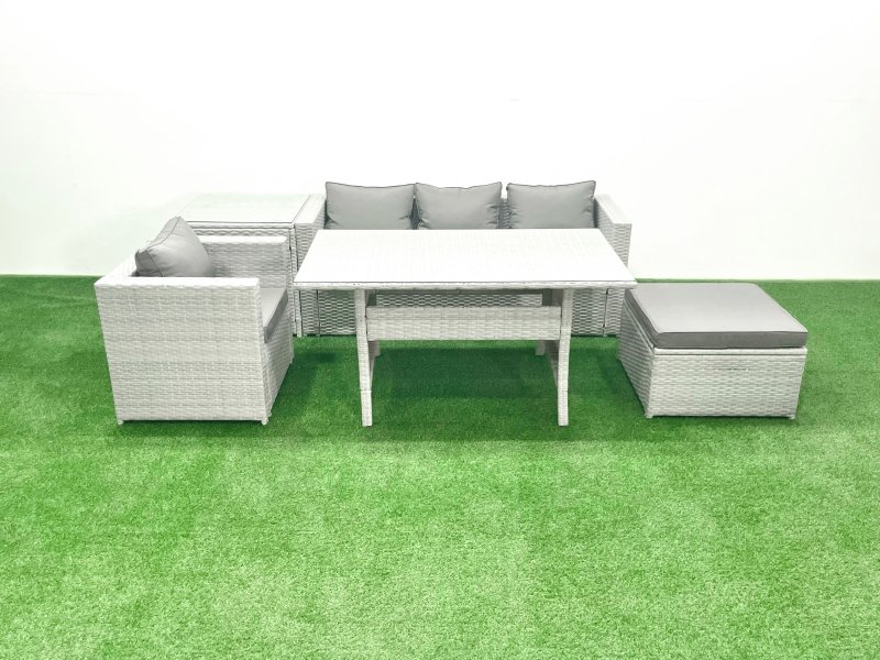 Fimous Rattan Garden Furniture Set Outdoor 5 Seater Patio Dining Sets with Glass Top Dining Table and Side Table Light Grey Mixed