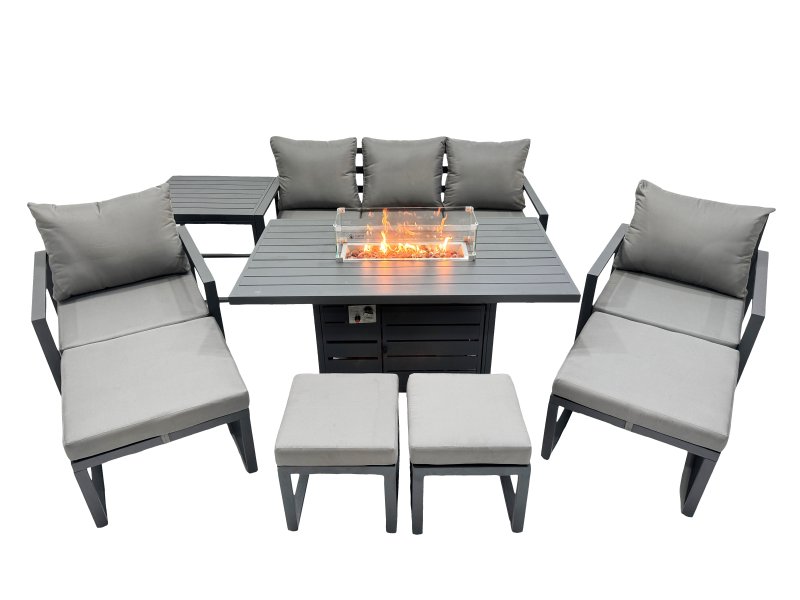 Fimous 9 Seat Outdoor Garden Furniture Set Aluminium Lounge 3 Seat Sofa Gas Fire Pit Table Sets with Chair 4 Stools Side Table Dark Grey