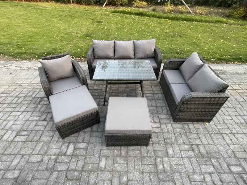 Fimous Rattan Garden Furniture Dining Set 8 seater Patio Rectangular Table 2 Big Footstool Love Sofa Reclining Chair Dark Grey Mixed