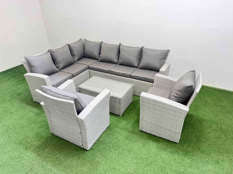 Fimous 8 Seater Garden Outdoor PE Rattan Furniture Set Rattan Garden Sofa Set with 2 Chair Light Grey Mixed