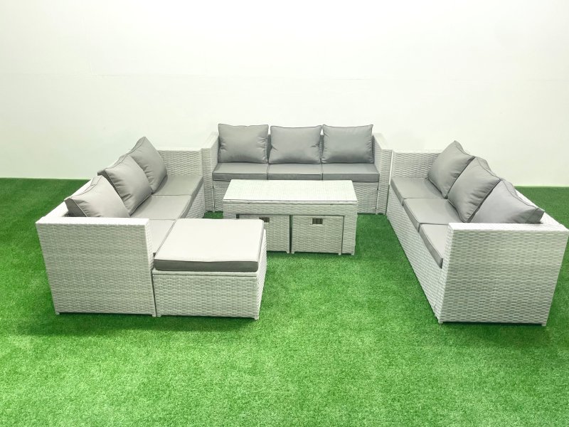 Fimous Rattan Garden Outdoor Furniture Set 12 Seater Garden Sofa Oblong Coffee Table Set with 3 Footstools Light Grey Mixed