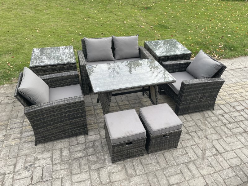 Fimous Rattan Wicker Garden Furniture Patio Conservatory Sofa Set with Rectangular Dining Table Armchair 2 Seater Sofa 2 Small Footstools 2 Side Tables