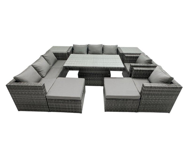 Fimous Rattan Dining Table Sofa Set with 2 Side Tables 2 Armchair 2 Stools Outdoor 10 Seat Garden Furniture Set Dark Grey Mixed