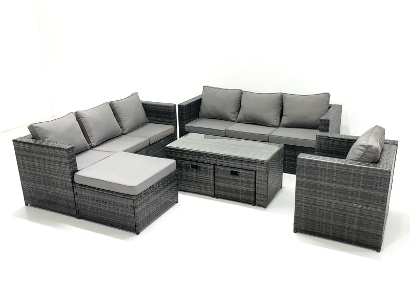 Fimous Outdoor Garden Furniture Set 10 Seater Rattan Sofa Set with Coffee Table 3 Footstools Armchair Dark Grey Mixed