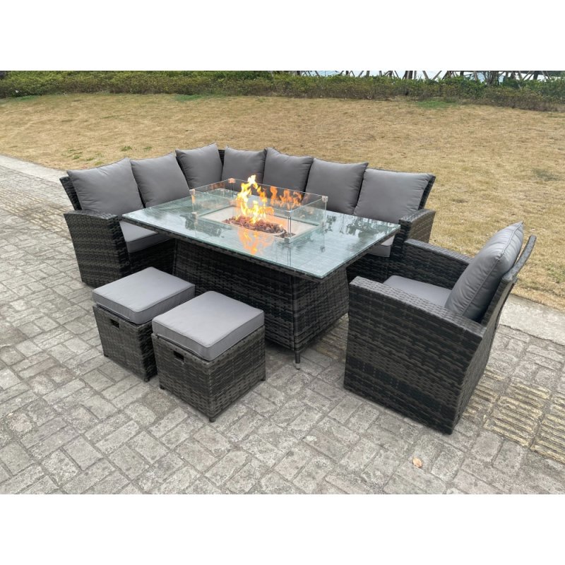 Fimous High Back Rattan Garden Furniture Sets Gas Fire Pit Dining Table Gas Heater Set Left Corner Sofa Small Footstools Chair 9 Seater