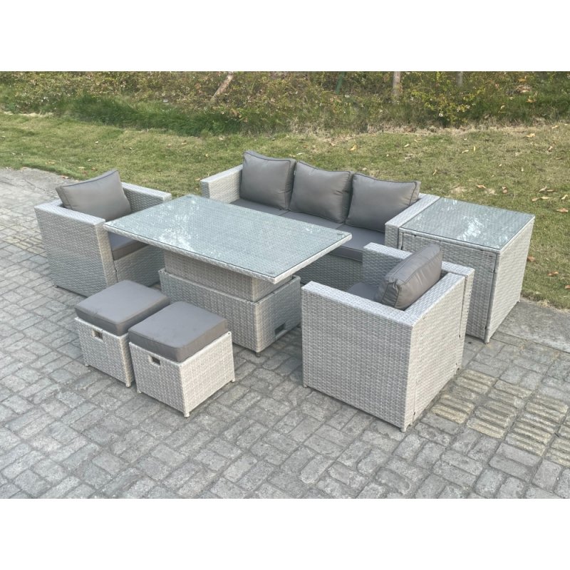 Fimous Rattan Garden Funiture Set Adjustable Rising Lifting Table Sofa Dining Set With 2 Arm Chair Side Table Stools