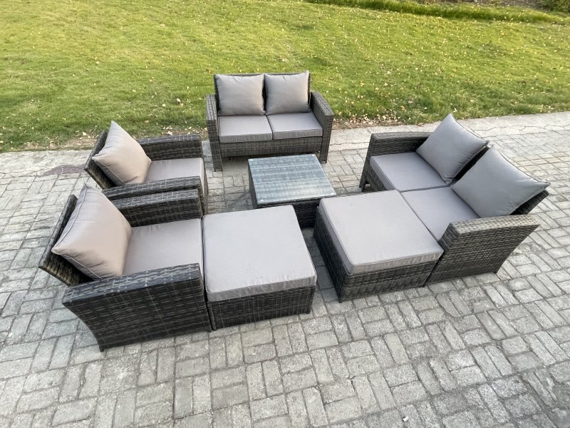 Fimous Rattan Outdoor Garden Furniture Sofa Set Table & Chairs with 2 Big Footstool Dark Grey Mixed