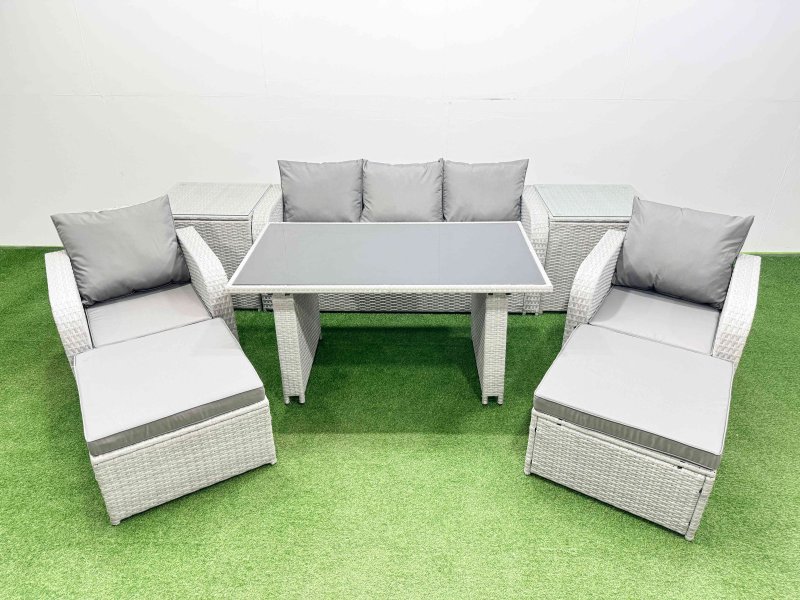 Fimous Outdoor Rattan Garden Furniture Dining Set 7-seater Patio Rectangular Table 3 Seater Sofa Reclining Chair Set with 2 Side Tables 2 Big Stools