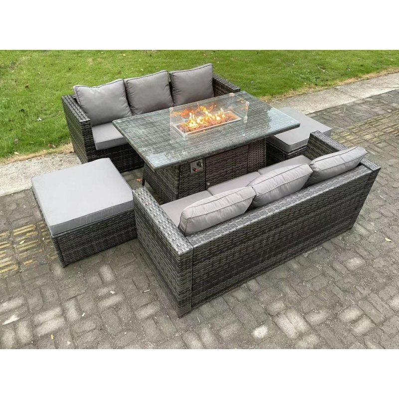 Fimous 8 Seater Outdoor Rattan Garden Furniture Sofa Set Gas Fire Pit Dining Table Gas Heater Burner With 3 Seater Sofa 2 Big Footstools Dark Grey Mixed