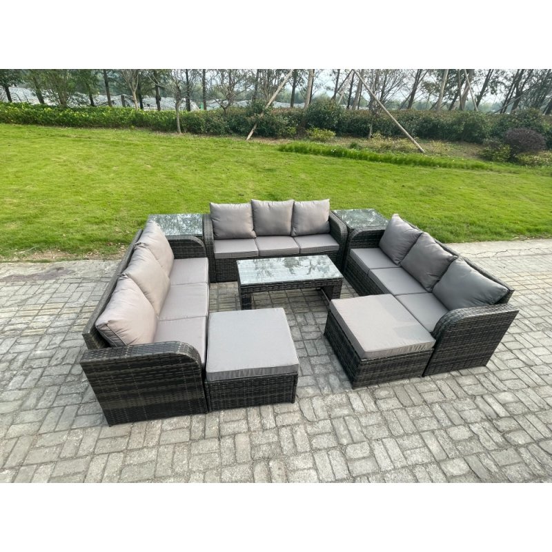 Fimous Rattan Garden Furniture Set 11 Seater Indoor Outdoor Patio Sofa Set with Coffee Table 2 Big Footstool 2 Side Tables Dark Grey Mixed