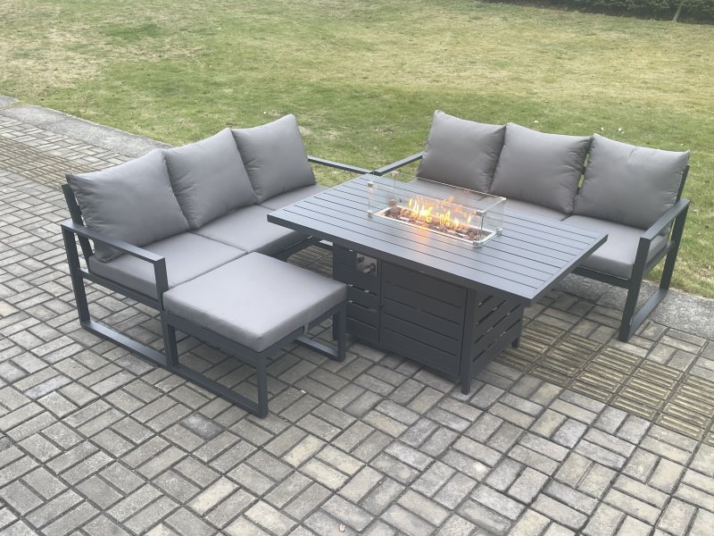 Fimous Aluminium 7 Seater Outdoor Garden Furniture Lounge Sofa Set Gas Fire Pit Dining Table with Big Footstool Dark Grey