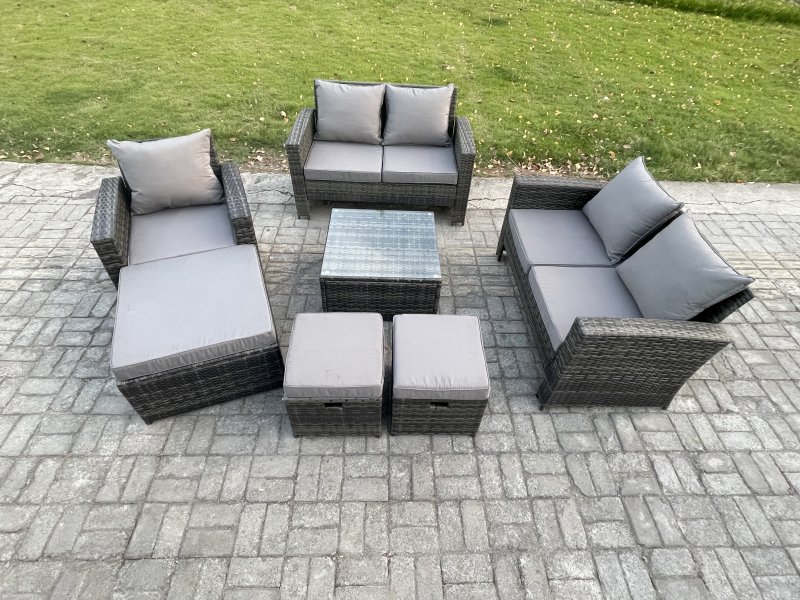 Fimous 8 Seater Outdoor Rattan Garden Furniture Set Conservatory Patio Sofa Coffee Table Set with Chair 3 Footstools Dark Grey Mixed