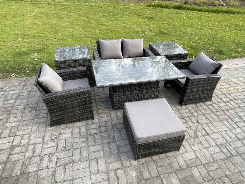 Fimous Outdoor Garden Dining Sets 5 Seater Rattan Patio Furniture Sofa Set with Rising Lifting Table 2 Side Tables Big Footstool Dark Grey Mixed