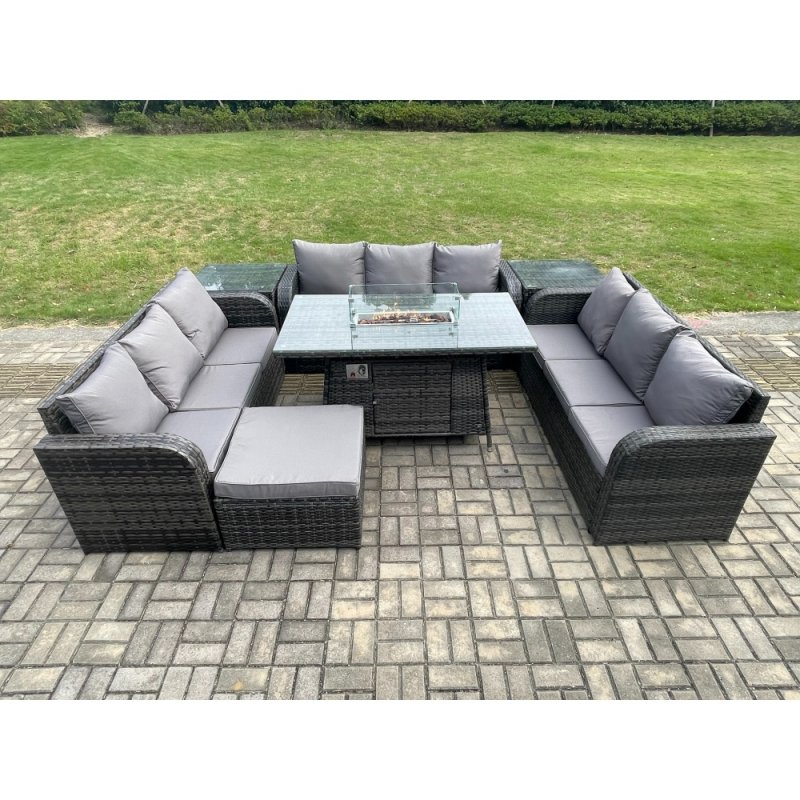 Fimous Rattan Furniture Garden Dining Set Gas Fire Pit Table With 2 Side Tables Lounge Sofa Big Footstool Dark Grey Mixed
