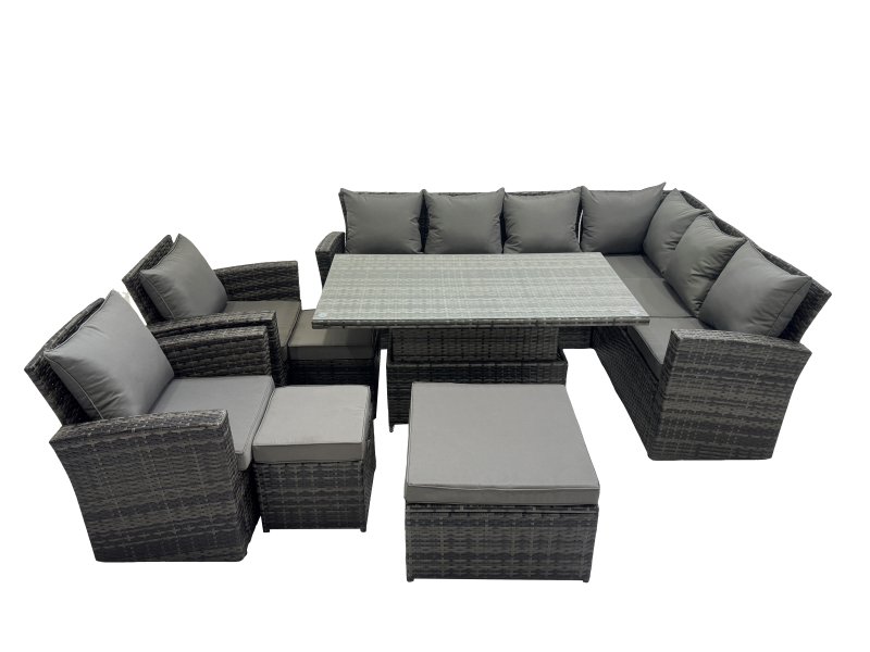 Fimous 11 Seat Rattan Garden Furniture Corner Sofa Set Outdoor Adjustable Lifting Dining or Coffee Table Set with 3 Footstools Dark Grey Mixed