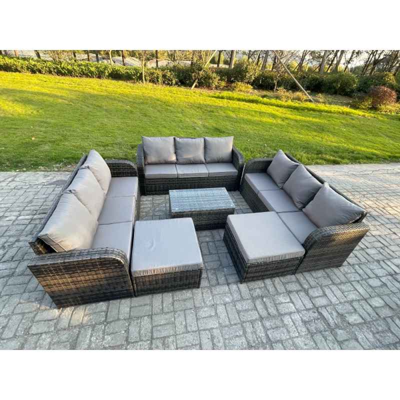 Fimous Wicker PE Rattan Garden Furniture Set 11 Seater Outdoor Lounge Sofa Set with Coffee Table 2 Big Footstool Dark Grey Mixed