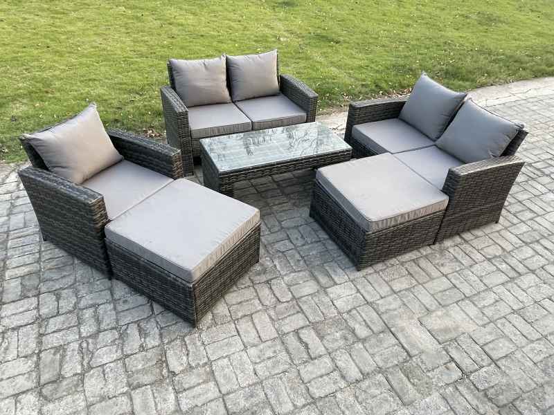 Fimous 7 Seater High Back Rattan Garden Furniture Sofa Sets with Rectangular Coffee Table 2 Big Footstool Loveseat Sofa Armchair Dark Grey Mixed