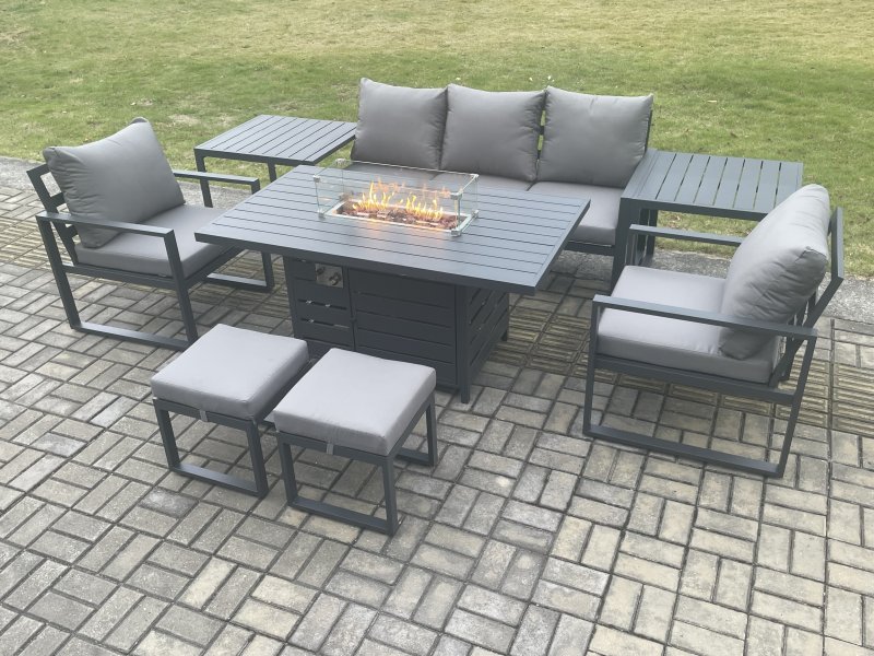 Fimous Aluminium Patio Outdoor Garden Furniture Lounge Sofa Set Gas Fire Pit Dining Table with 2 Side Tables 2 Small Footstools Dark Grey