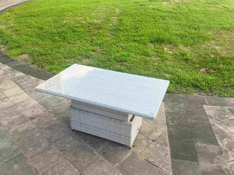 Fimous Light Grey Rattan Outdoor Garden furniture Set Height Adjustable Rising Lifting Table and 4 Chairs Set with Seat Cushion