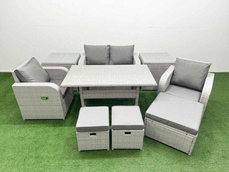 Fimous Light Grey PE Wicker Rattan Garden Furniture Set Sofa Set Reclining Chair Rectangular Dining Table 7 Seater 3 Stools 2 Side Table