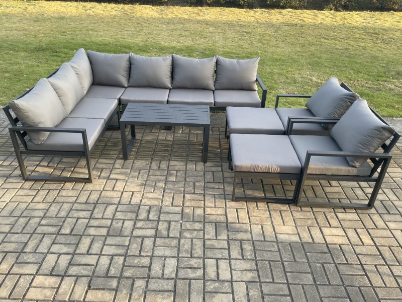 Fimous Aluminum 10 Seater Outdoor Lounge Corner Sofa Set Garden Furniture Sets with Oblong Coffee Table 2 Chairs 2 Big Footstool Dark Grey