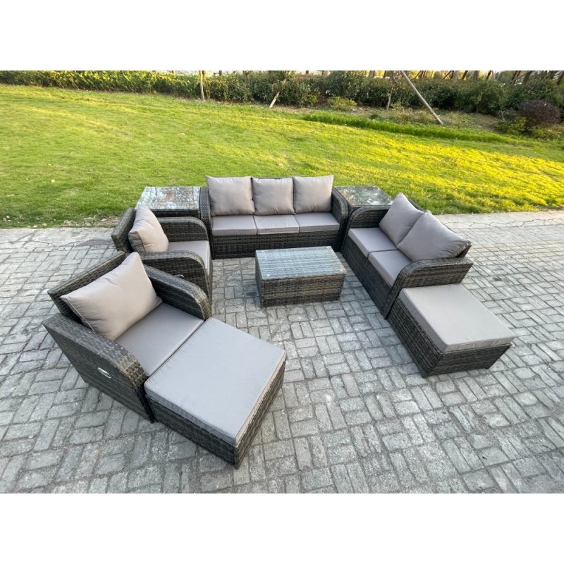 Fimous Patio Garden Furniture Sets Wicker 9 Seater Outdoor Rattan Furniture Sofa Sets with Rectangular Coffee Table Reclining Chair Loveseat Sofa 2 Side Tables 3 Footstools