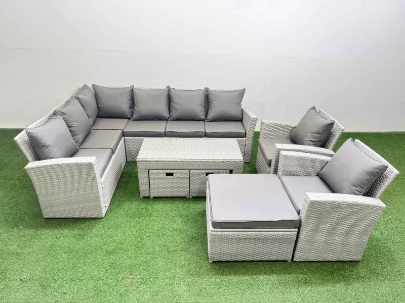 Fimous Rattan Garden Furniture Set Outdoor 11 Seater Corner Sofa Sets with Oblong Coffee Table Chair 3 Footstools Light Grey Mixed