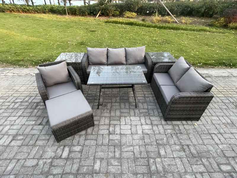 Fimous 7 Seater Outdoor Rattan Garden Furniture Set Patio Lounge Sofa Set with Dining Table 2 Side Tables Big Footstool Dark Grey Mixed