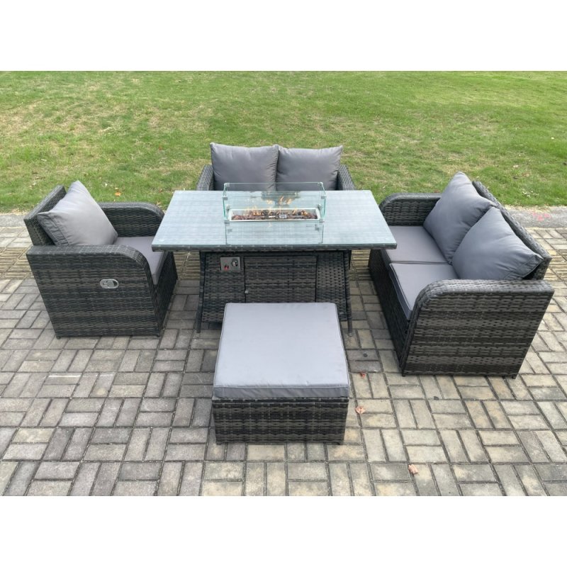 Fimous 6 Seater Rattan Outdoor Garden Furniture Sofa Set Gas Fire Pit Dining Table Gas Heater with Love Sofa Big Footstool Dark Grey Mixed