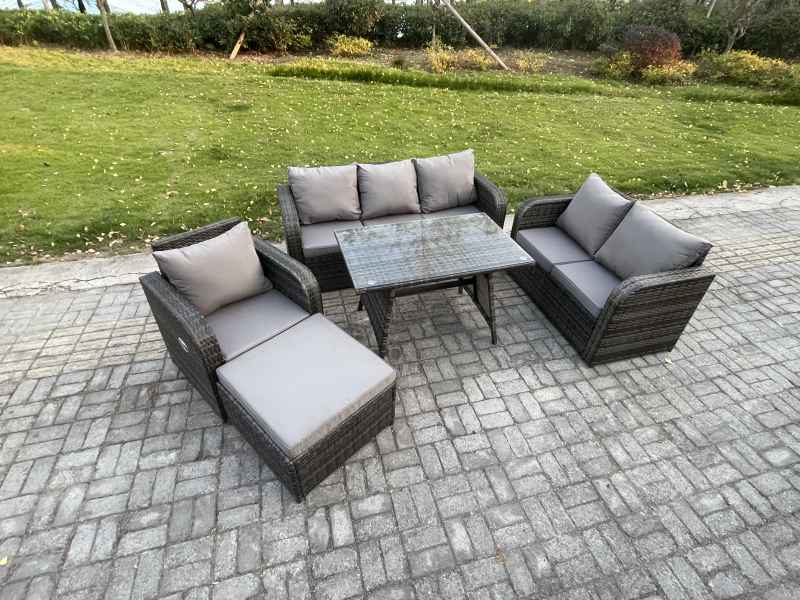 Fimous Outdoor Rattan Garden Furniture Set 7 Seater Patio Lounge Sofa Set with Dining Table Big Footstool Dark Grey Mixed