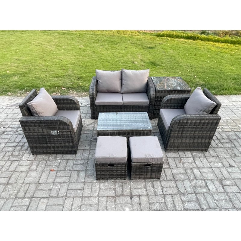 Fimous Wicker PE Rattan Outdoor Furniture Set Garden Love Sofa Coffee Table 2 Armchair Side Table 2 Small Footstools Dark Grey Mixed