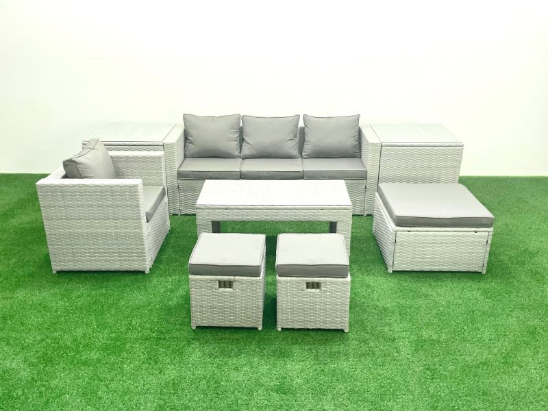 Fimous Rattan Garden Furniture Set Outdoor Lounger Sofa with Coffee Table 3 Footstools 2 Side Tables Light Grey Mixed 7 Seater