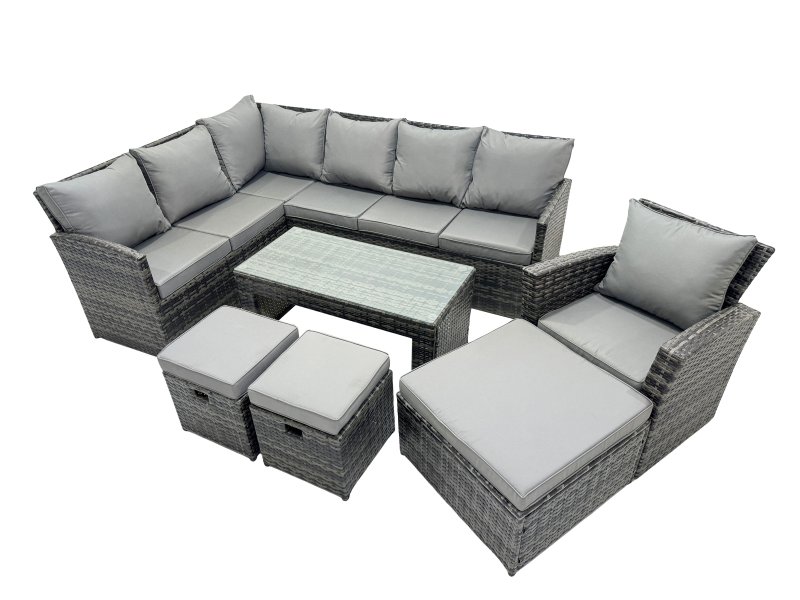 Fimous 10 Seat Poly Rattan Outdoor Patio Oblong Coffee Table Corner Sofa Set with 3 Stool Chair for Garden Backyard Dark Grey Mixed