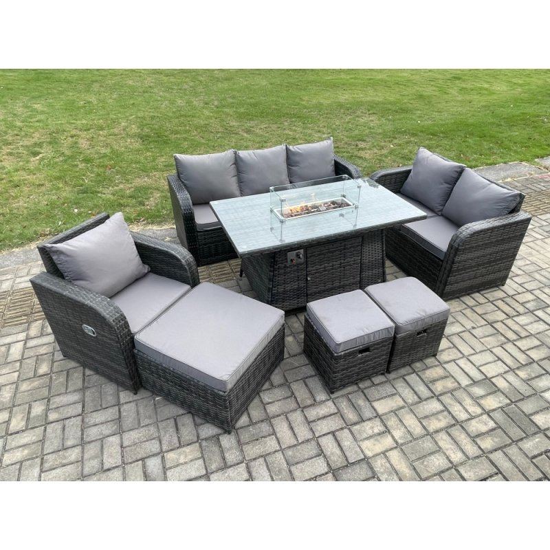 Fimous Rattan Garden Furniture Set with Fire Pit Table 9 Seater Outdoor Lounge Sofa Set Dark Grey Mixed