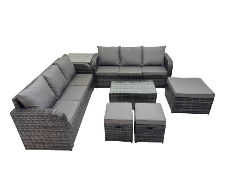 Fimous Outdoor 3 Seater Sofa Coffee Table Set Garden Rattan Furniture Set 9 Seater with 3 Stool Side Table Dark Grey