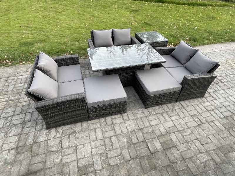 Fimous Wicker PE Rattan Garden Furniture Set Height Adjustable Rising Lifting Table Sofa Dining Set with Double Seat Sofa 2 Big Footstool Side Table Dark Grey Mixed