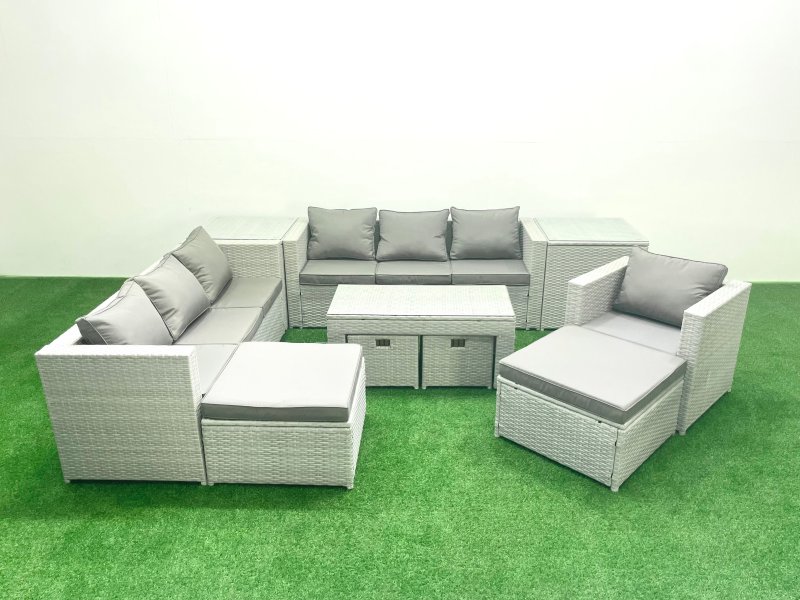 Fimous Outdoor Rattan Garden Furniture Set with Grey Cushions Luxury 11 Seater with Coffee Table and 2 Side Tables For Conservatory,Patio