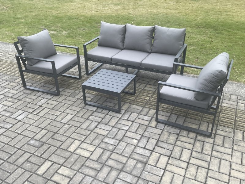 Fimous Aluminium Outdoor Garden Furniture Set Lounge Sofa 2 PC Chairs Square Coffee Table Sets Dark Grey