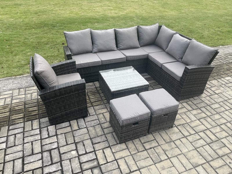Fimous 9 Seater Wicker PE Outdoor Garden Furniture Set High Back Rattan Corner Sofa Chair Set with 2 Small Footstools Square Coffee Table