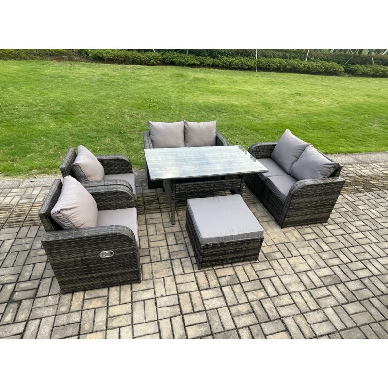 Fimous Rattan Outdoor Furniture Garden Dining Set Rectangular Table and Chair Sofa Set With Big Footstool Dark Grey Mixed