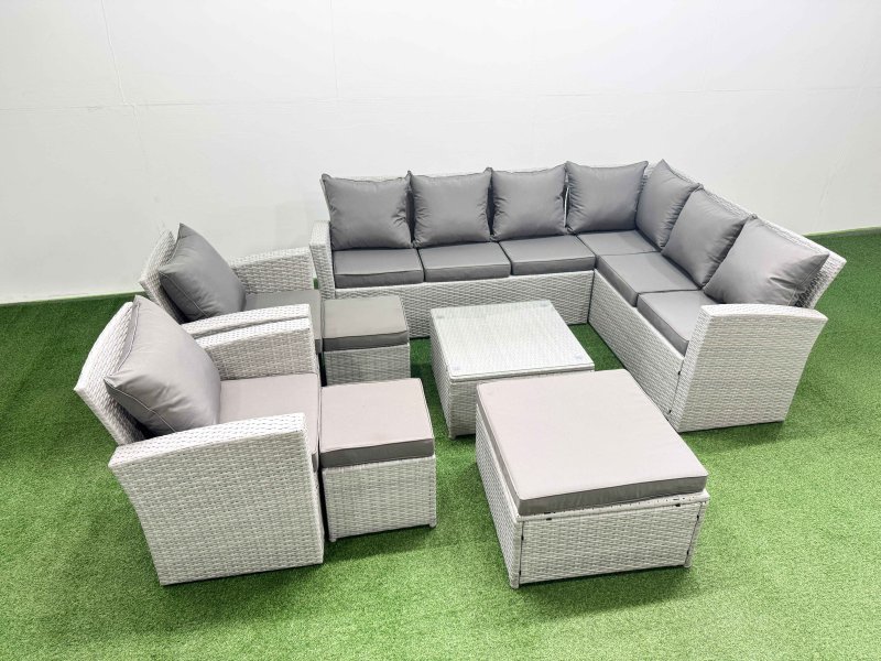 Fimous Rattan Garden Outdoor Furniture Set 11 Seater Rattan Garden Sofa Set with 2 Armchairs 3 Footstools Light Grey Mixed