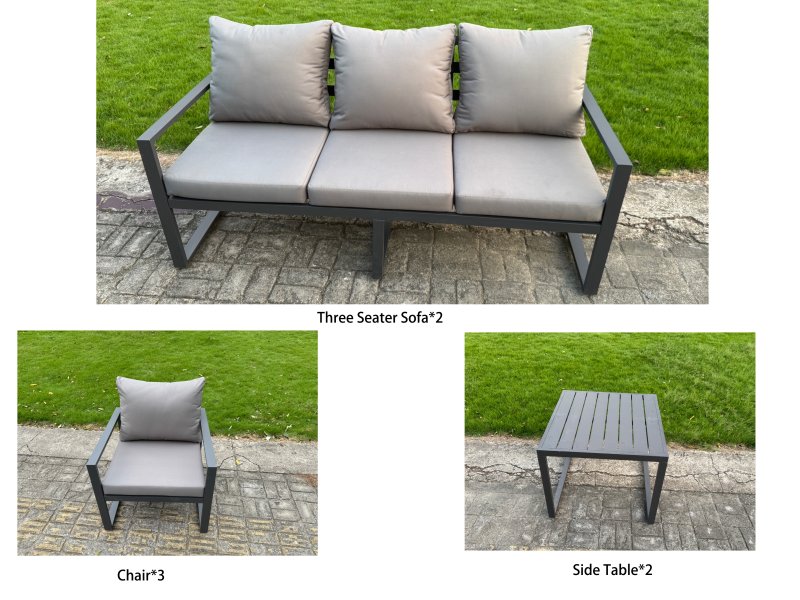 Fimous 7 Piece Garden Furniture Set 9-Seater Aluminium Outdoor Dining Set with Adjustable Rising Lifting Dining Table & Cushions Side Table 3 Chairs Dark Grey